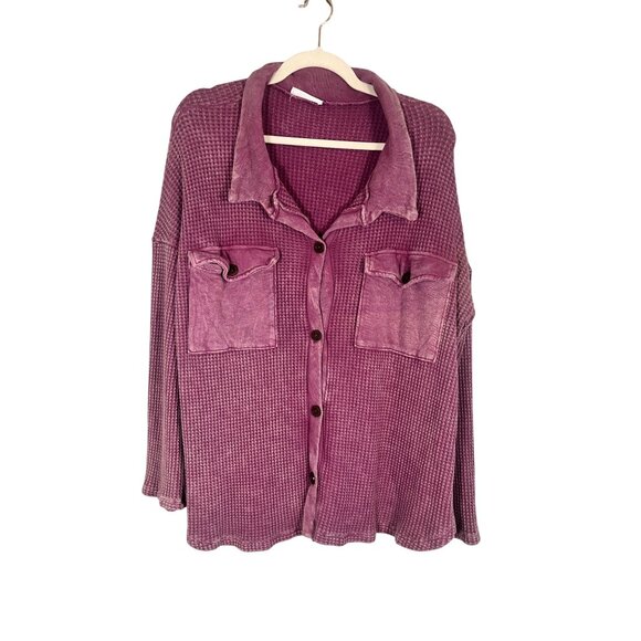 Retro Waffle Knit Shacket Pink M Oversized Neutral Preppy Boho Western Classic - Picture 1 of 9